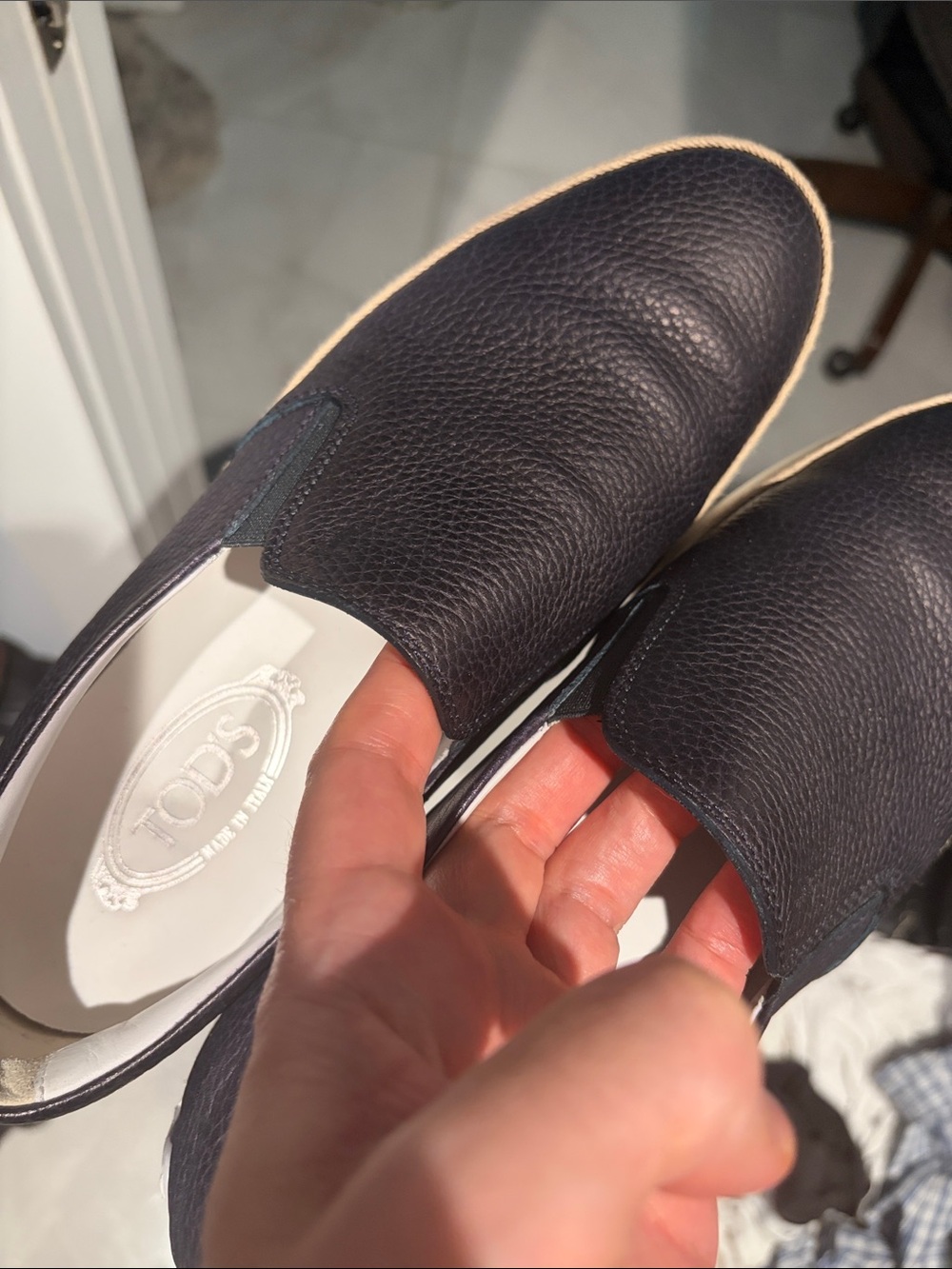 Tod's Navy Pebbled Leather Slip-On Loafers with Cream Trim